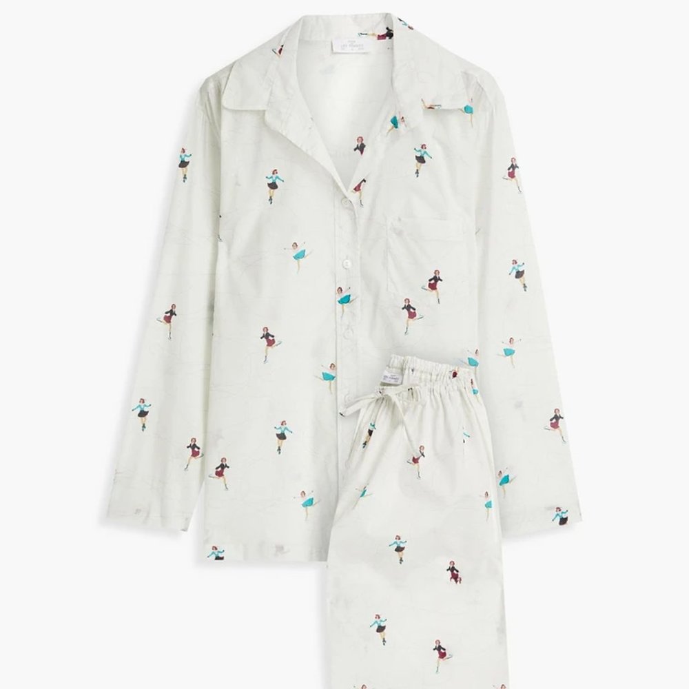 POUR LES FEMMES Cotton-Voile Luxe Pajama Set in Ivory Skater Print Size XL New - Picture 2 of 5